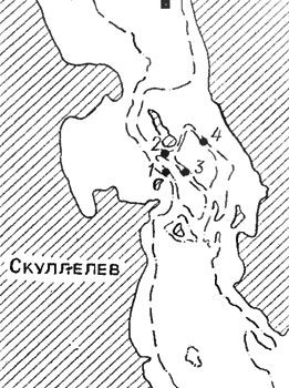 Рис. 84. Места находок судов из Скуллелева на глубине Педеренден (1) в Роскилль-фиорде. Искусственные препятствия находились также у Вестеренден (2), Йюдедибет (3) и Виммельсхафтет (4)