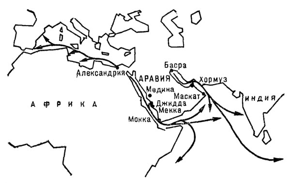 Рис. 13. Обзорная карта морских плаваний средневековых арабов