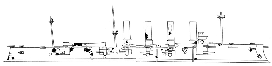 Повреждения 'Громобоя' в бою 1 августа 1904 г. Пробоины (по границе деформации обшивки) закрашены черным, пробоины левого борта обозначены штриховыми линиями